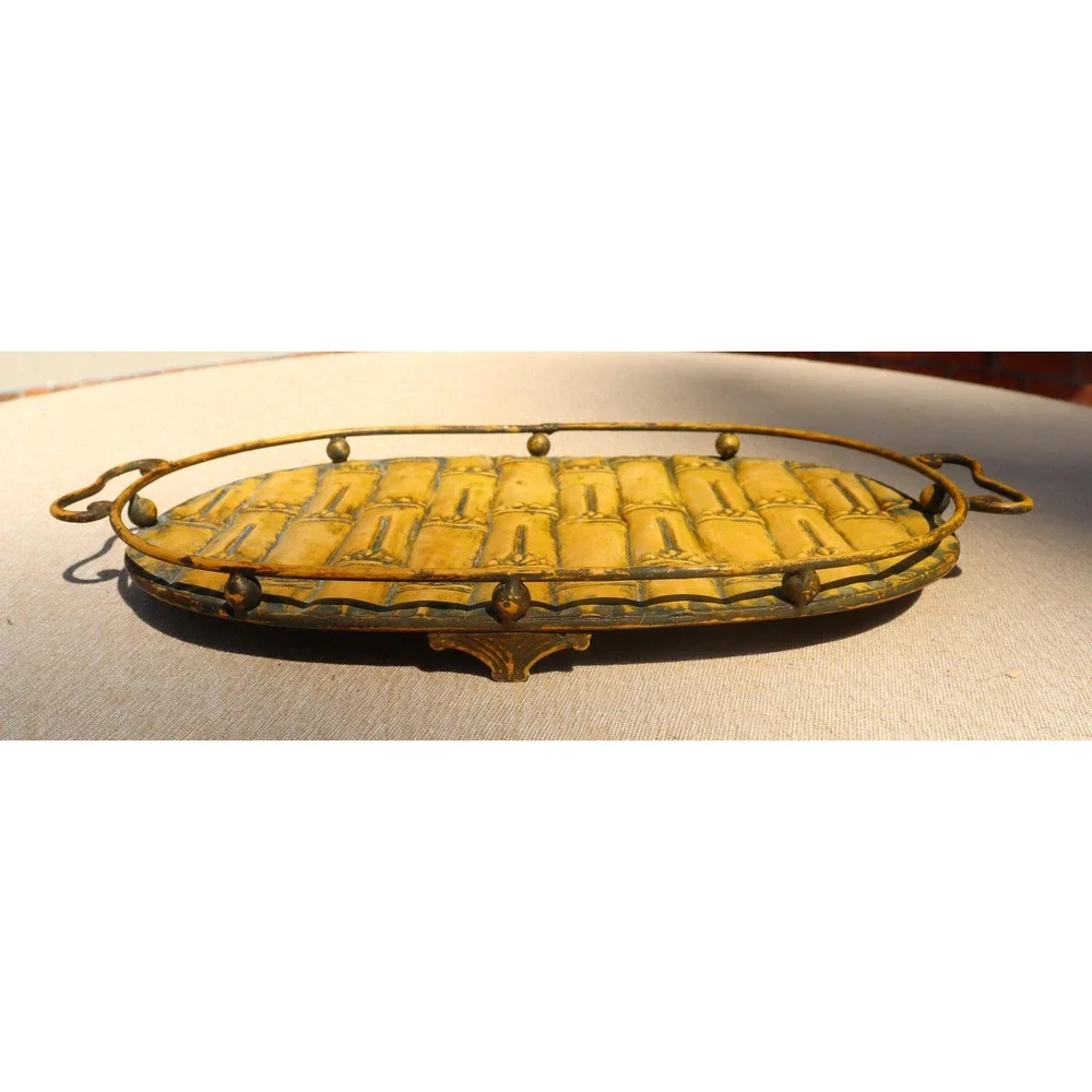 Vintage Bamboo Themed Tableware Metal Serving Tray and Ceramic Napkin Holder